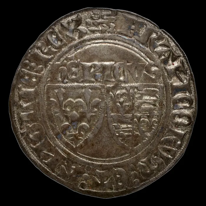 Blanc d'Henri VI frappé à Rouen, écus de France et d'Angleterre accolés