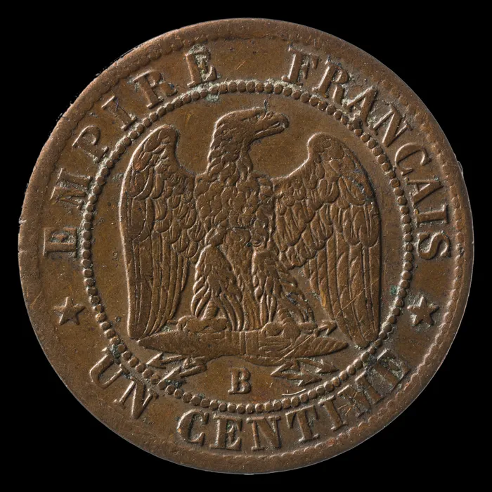 Revers d'une pièce de 1 centime Napoléon III de 1853, B sous l'aigle, frappée à Rouen