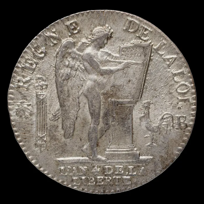 Revers d'un écu constitutionnel de 1792 au Génie, marqué B, frappé à Rouen