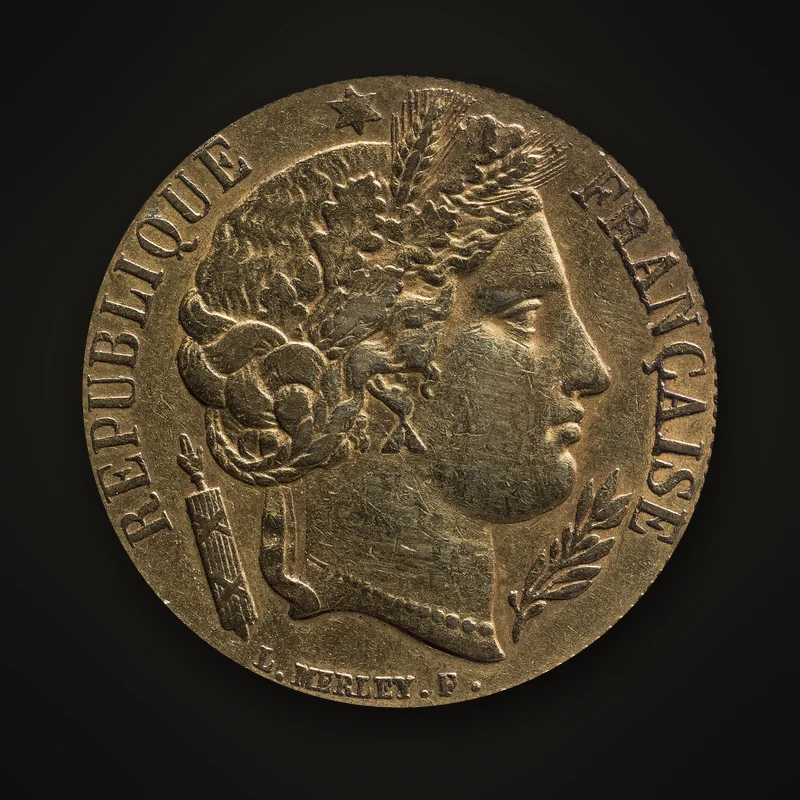 20 francs or Cérès de 1851, avers : tête de Cérès couronnée d’épis